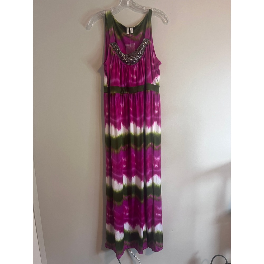 Madison Women Pink Green Tie Dye Beaded Neckline Sleeveless Maxi Dress Large